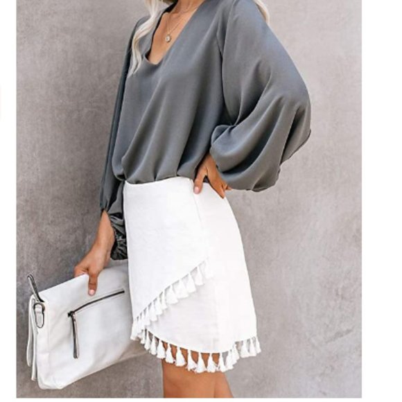 Womens High Waist Wrap Front Tassel Hem Mini Skirt - Picture 4 of 6